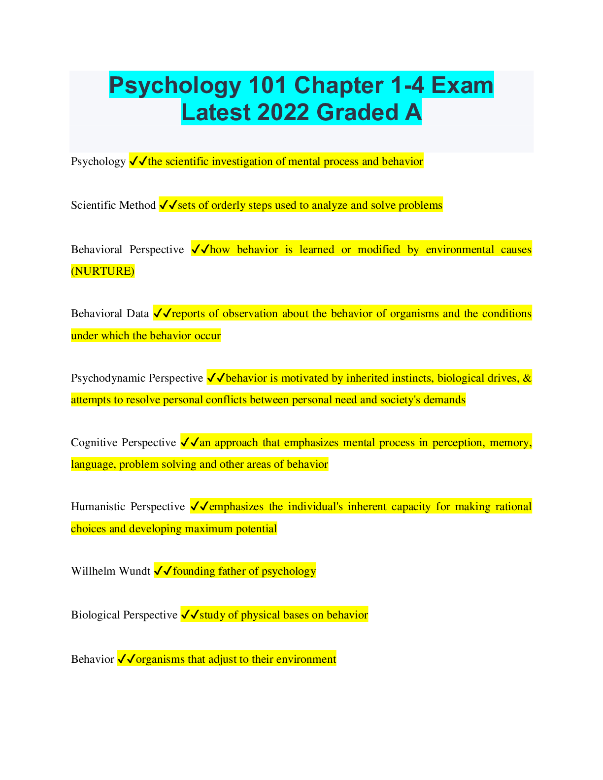 Preview image for Psychology 101 Chapter 1-4 Exam, Study guide Questions with accurate answers. Rate A+